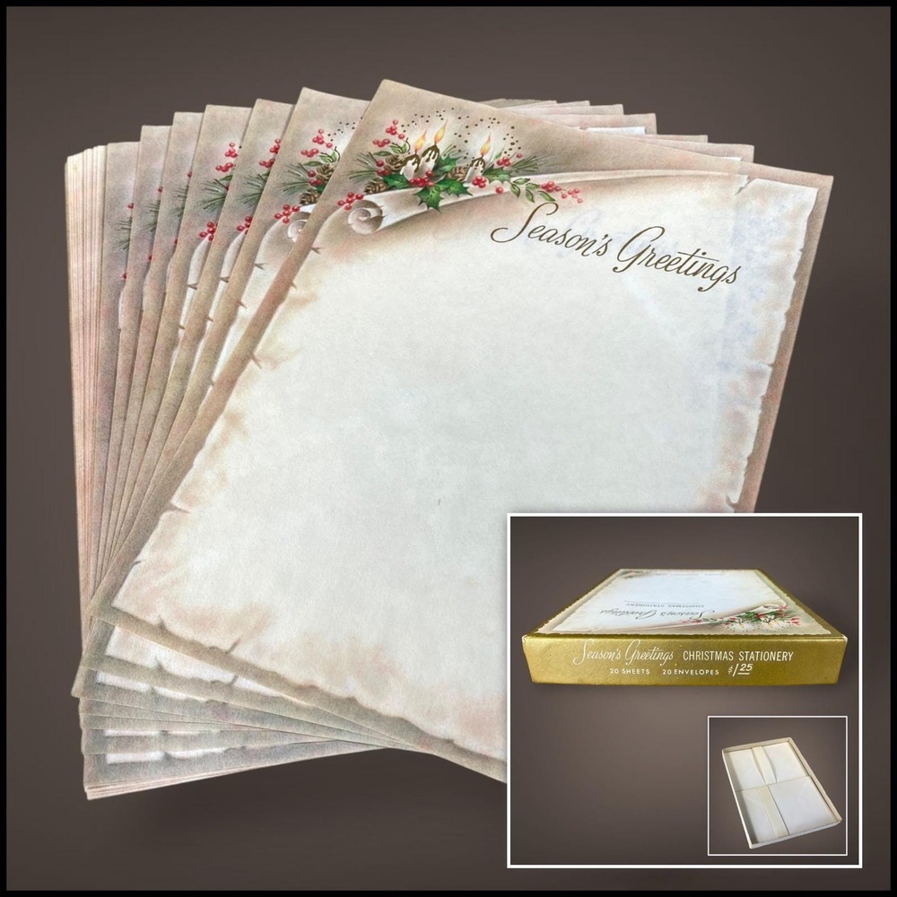 Season's Greetings Christmas Stationery‎ Set OPEN Box 1950s 60s Holly Candle Art